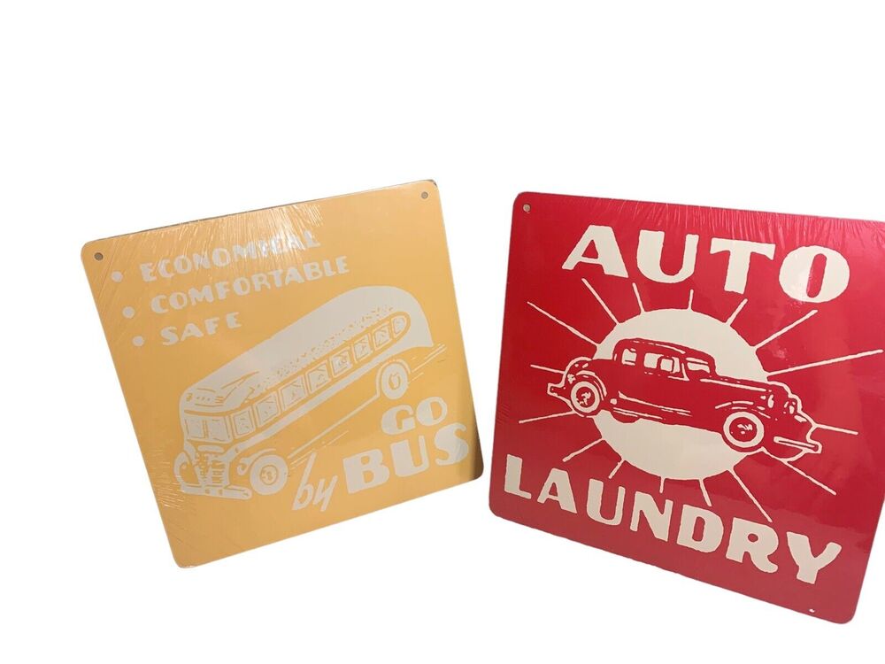 Land of Nod Sign Red Auto Laundry Signs Go By Gus Yellow Set of 2 New Sealed
